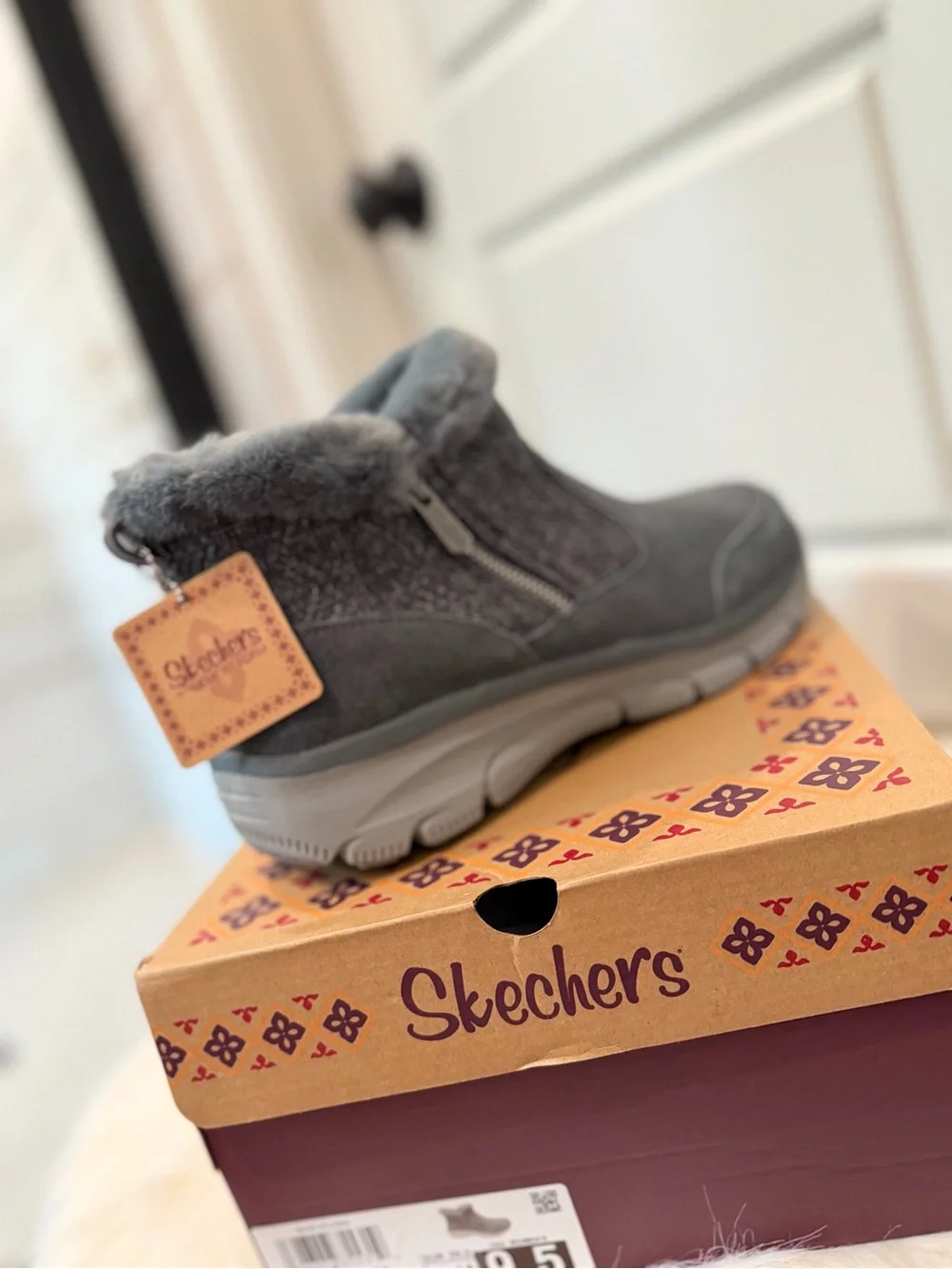 Skechers Gray Faux-Fur Knit Ankle Boots